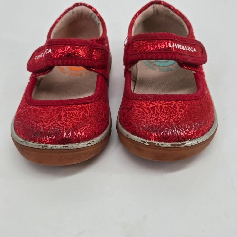 Livie Luca Toddler Girls 6 Red Metallic Foil Rose Mary Jane Shoes Festive Casual